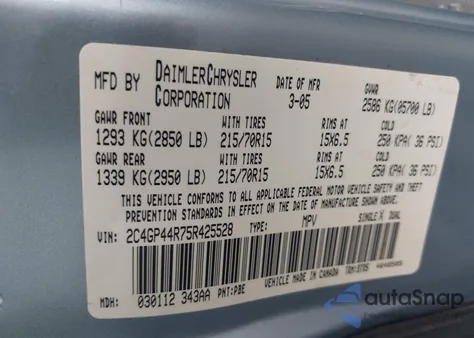 2005 Chrysler Town & Country Lx z USA, uszkodzony, nr VIN 2C4GP44R75R425528